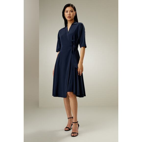 LILYSILK Dress Womens Small Navy Blue Silk Front Tie Wrap Midi Elbow Sleeve NWT - Picture 1 of 16